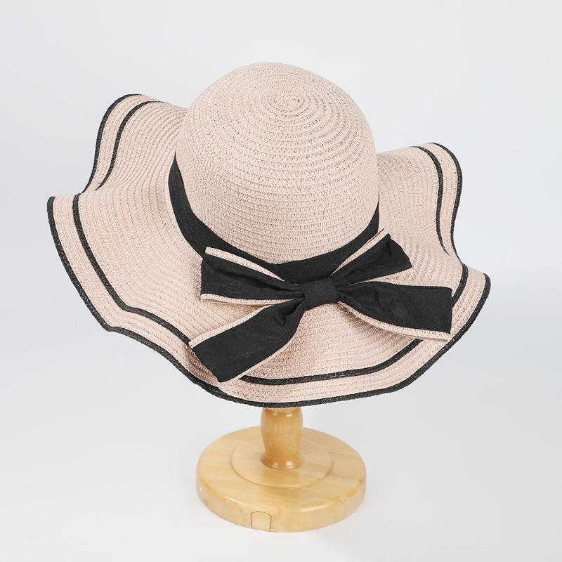 

Летняя шляпа из соломы с бантом, пляжная шляпа с большими полями и лентами, для отпуска, для игр на открытом воздухе, дышащая, солнцезащитная, шляпа с волнистыми краями, защита от солнца розовый