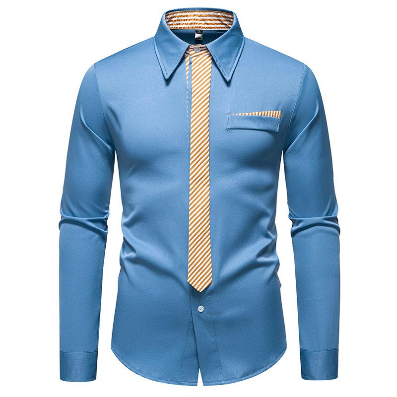 Autumn Men's Fake Tie Long Sleeve Shirt Men New Fashion Special Design Solid Shirts Male Versatile Casual Social Wedding Party