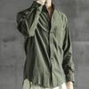 Men's Army Green Linen Long Sleeve Shirt, Casual Button Down Top with Chest Pocket, Breathable Loose Fit for Daily Wear