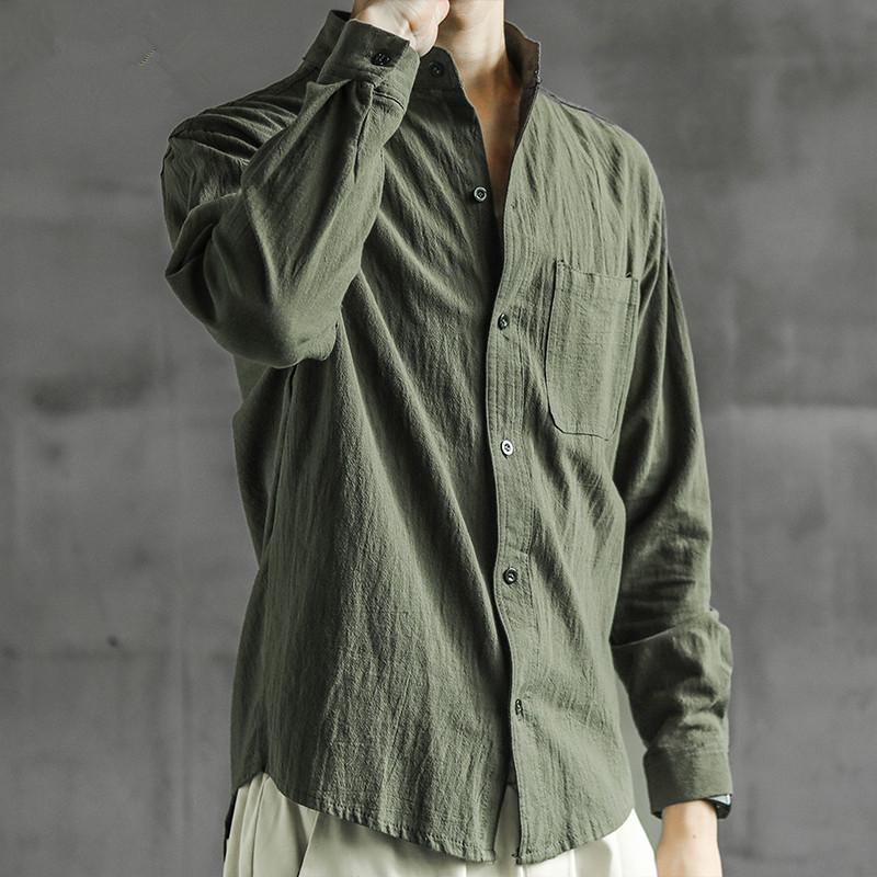 Herren Armee Grün Leinen Langarmhemd, Lässiges Button-Down-Oberteil mit Brusttasche, Atmungsaktiv Lockerer Schnitt für den täglichen Gebrauch