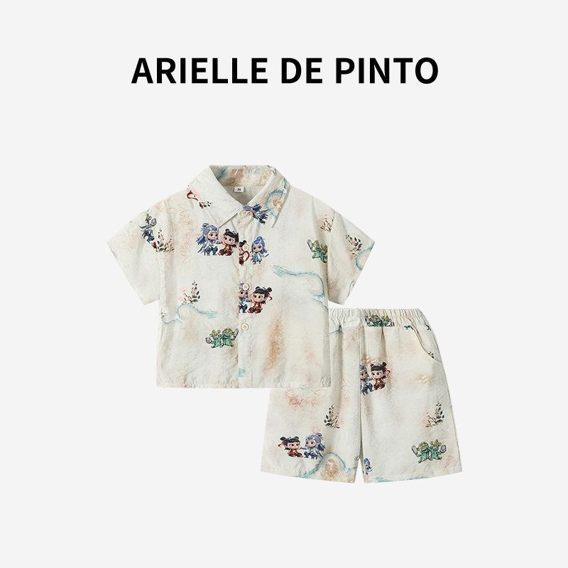 Французский костюм для мальчика Arielle De Pinto Летний Новый Мультяшный Принт Рубашка Тонкий Комплект из Двух Предметов Suit 150