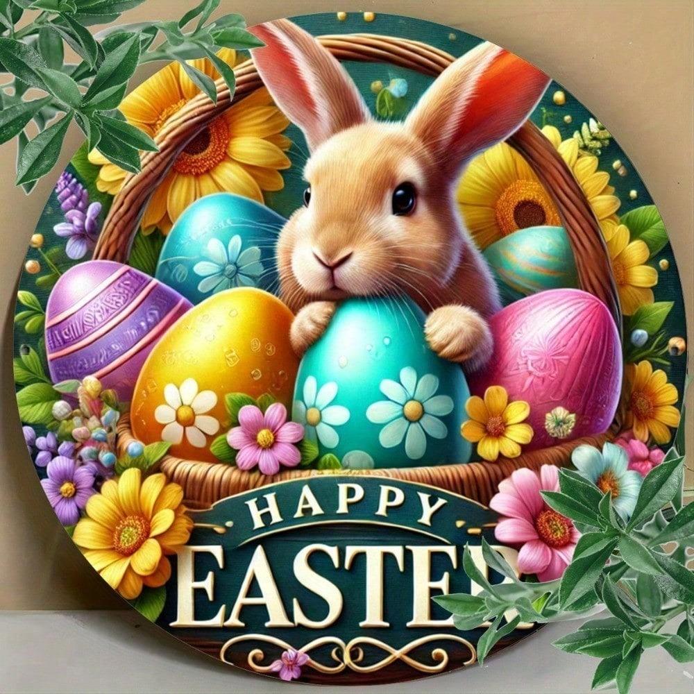 1pc Easter Bunny Floral Round Metal Sign 20x20cm Vintage Farmhouse Wall Art for Home Kitchen Garden Decor