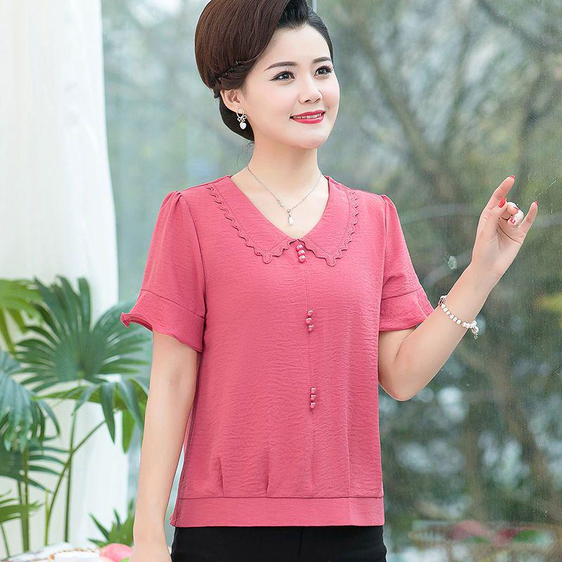 Chiffon Two-Piece Summer Set for Middle-Aged Women - Short Sleeve Top for Mothers