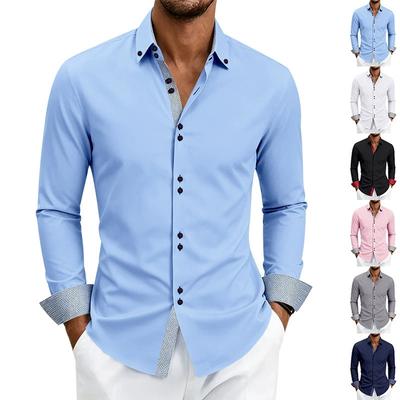 Men Contrast Inner Cuff Long Sleeve Dress Shirt, Button Down Collar Wrinkle‑Resistant Slim Fit Business Casual Formal Button Up Shirts Multiple Colors