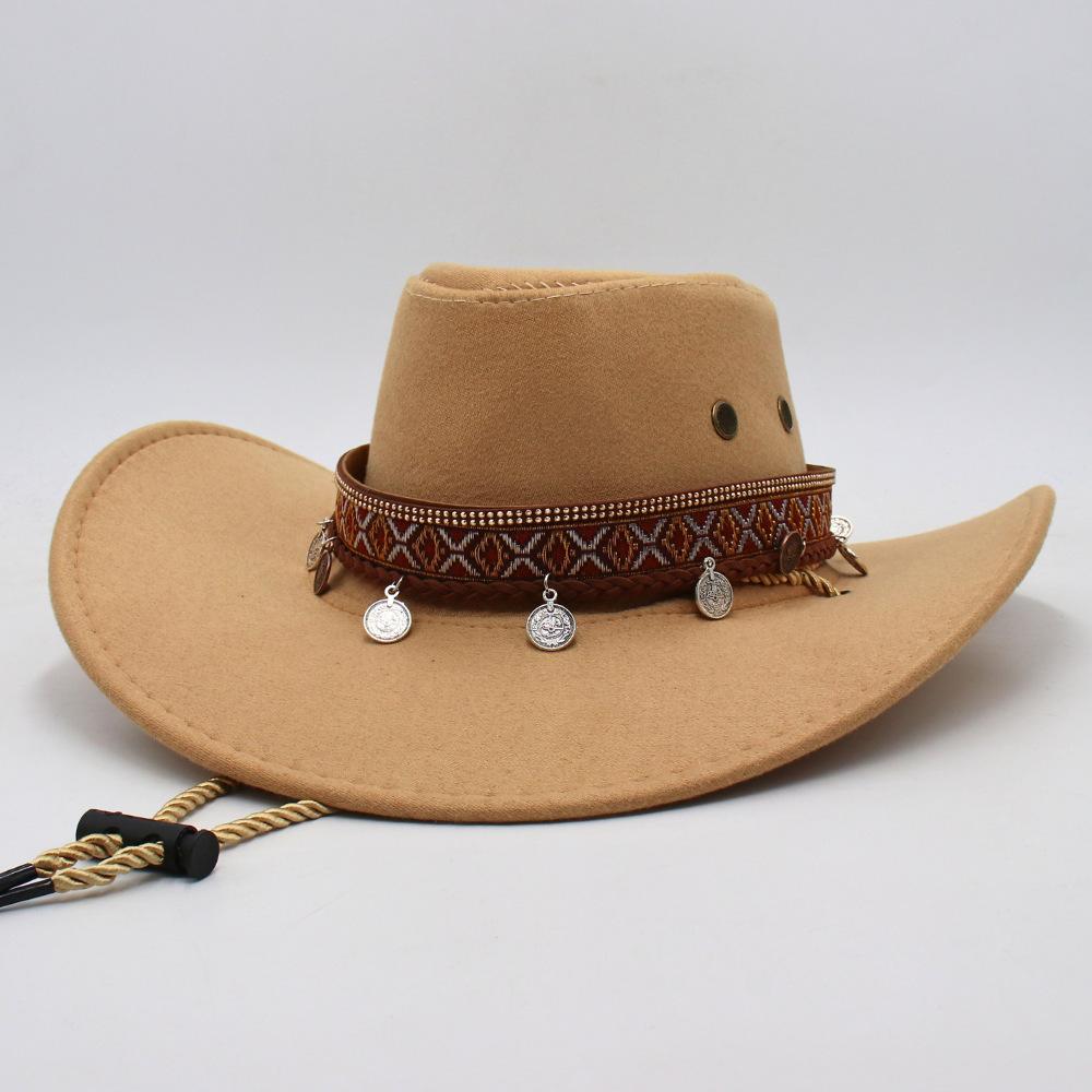 American Western Cowboy Hat Ethnic Style Outdoor Shade Horse Racing Rider Hat Belt Decoration Men'S And Women'S Roll Top Hat