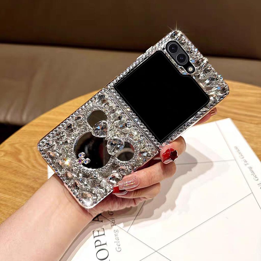 Luxury Diamond-filled Bear Mirror Folding Phone Case For Samsung Anti-drop Cartoon Gril Phone Case