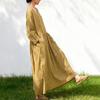 Johnature Women Vintage Dresses Spring Chinese Style Solid Color Robes V-Neck Long Sleeve A-Line Dress