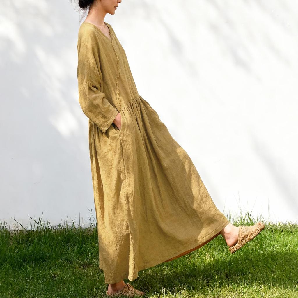 Johnature Women Vintage Dresses Spring Chinese Style Solid Color Robes V-Neck Long Sleeve A-Line Dress
