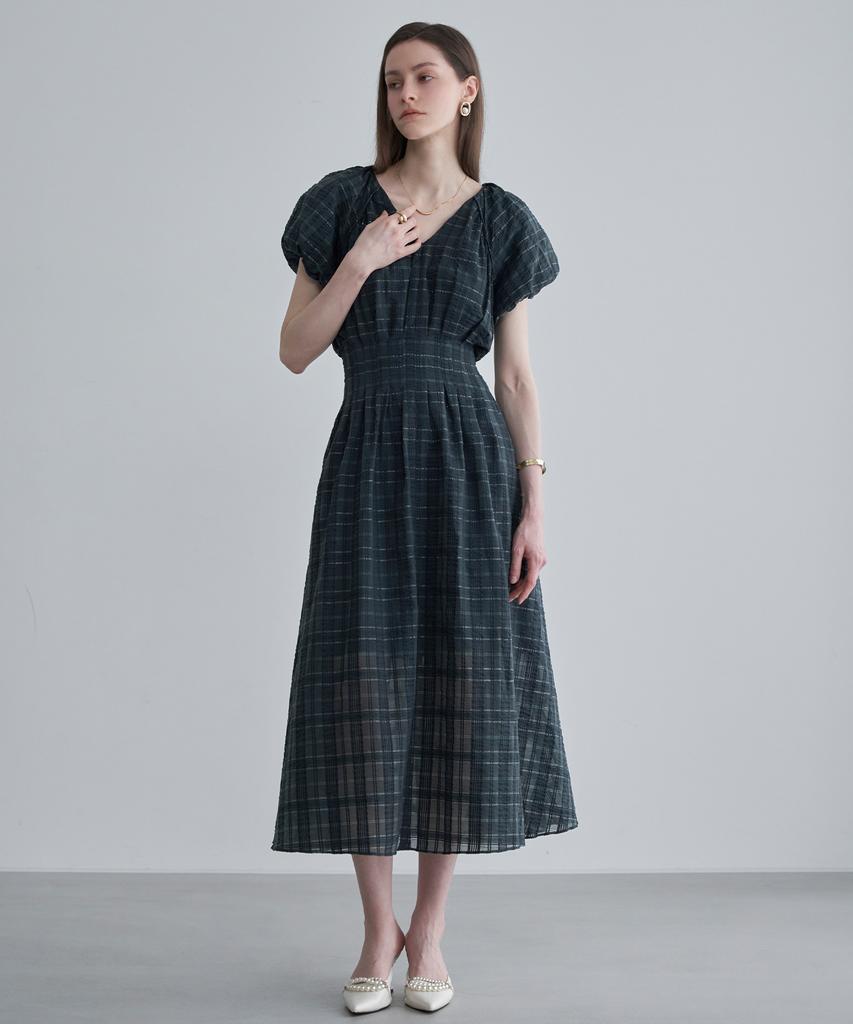 Leni And Mccoy See-Through Check Puff Sleeve Dress Ml08Op603Hjy