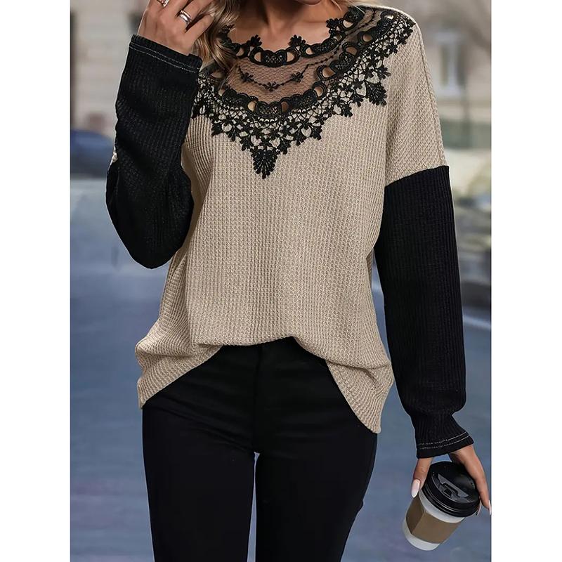 Autumn/Winter New Women's Fashion Style Casual Commuting Sexy Splicing Solid Color Long Sleeve Lace Knitted T-shirt