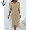 Abiti casual a vita alta con scollo a V a maniche corte con stampa floreale primaverile alla moda da donna