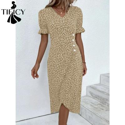 Damenmode Sommer Frühling Blumenmuster Druck Kurzarm V-Ausschnitt Hohe Taille Freizeitkleider