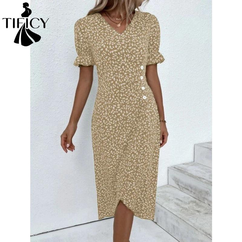 TIFICY Damenmode Sommer Frühling Blumenmuster Druck Kurzarm V-Ausschnitt Hohe Taille Freizeitkleider