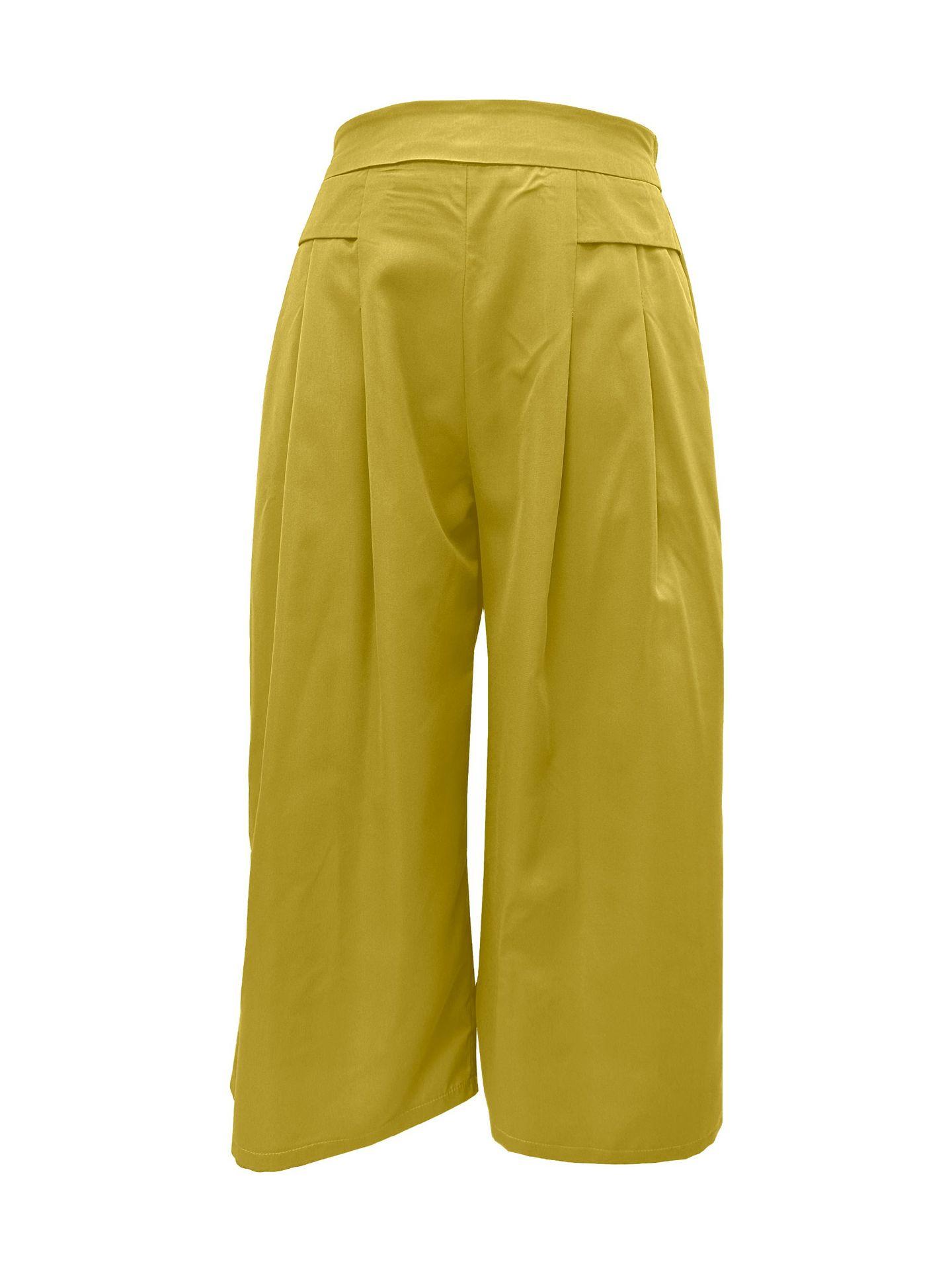Women S High Waist Wide Leg Cropped Culottes Casual Loose Pants With Pockets S жёлтый
