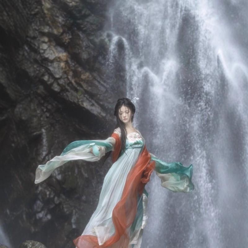 Womens Tang Dynasty Style Hanfu Set Embroidered Wide Sleeve Top Printed Skirt Chiffon Four Outfit