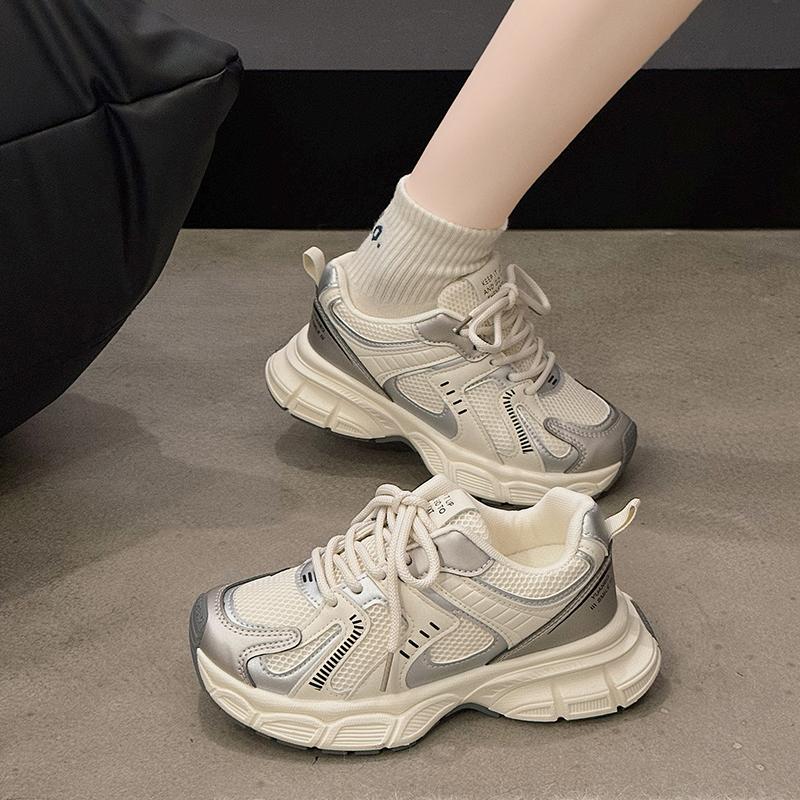 Dámské sportovní ležérní boty s tlustou podrážkou, nové stříbrné prodyšné 100 na jaro a podzim