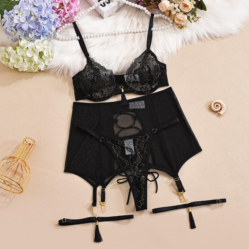

Сексуальное нижнее белье подвеска декоративная запутанная перспектива золото шелк контрастный цвет сетка вышивка набор из четырех предметов XL чёрный