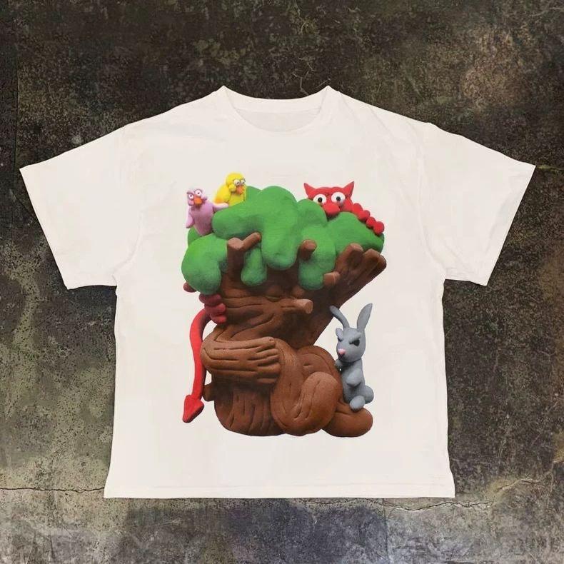 

Кавайная глиняная фигурка Графический принт Осень Чистый хлопок Мужская и женская футболка с коротким рукавом Уличная мода Трендовая одежда 4XL