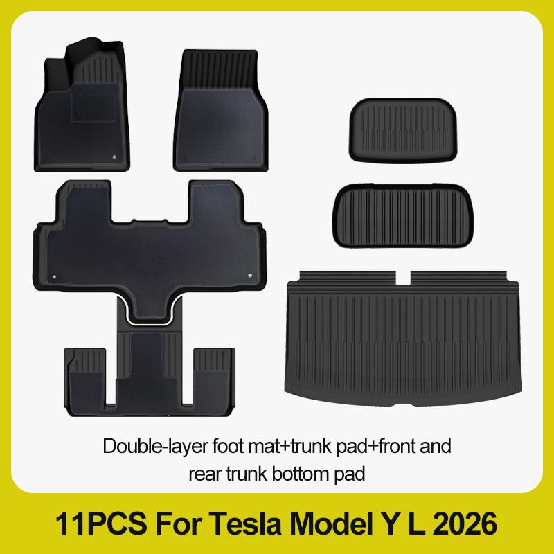 Tapis de sol 6 places pour Tesla Model Y L 2026+, tapis de coffre TPE 3 rangées, housse de siège arrière, doublure de coffre avant, plateau de