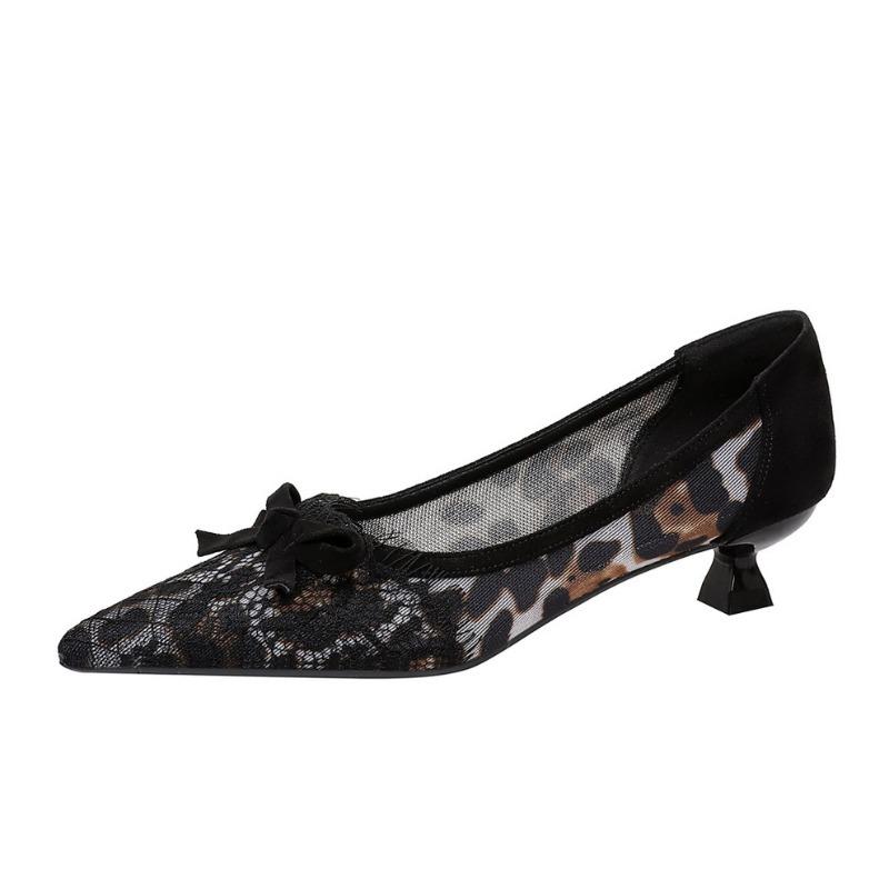 Sexy Lace Kitten High Heels Women Pumps Bowknot Low-heel Women Shoes Leopard Print Sexy Party Shoes Large Size 43 Ladies Sandals