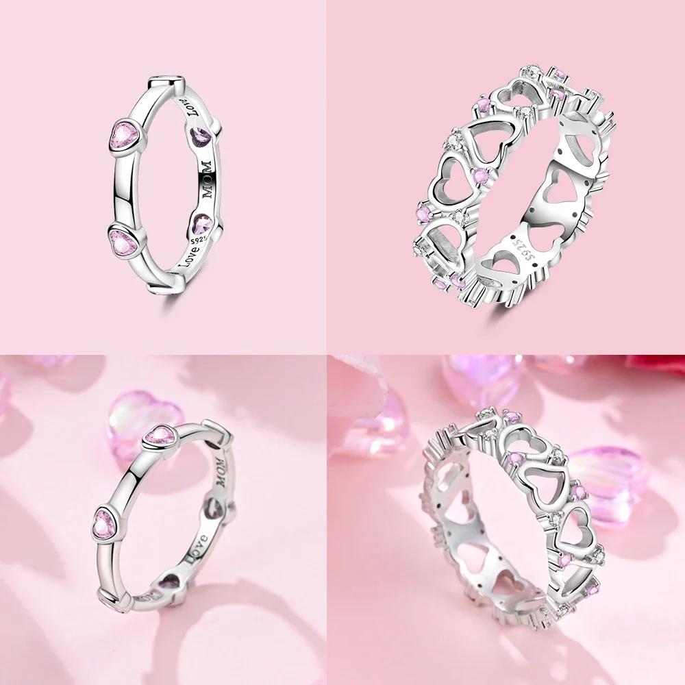 Pink Zircon Heart Love Rings copper Ring Jewellery Woman Authentic Wedding Set Gift Accessories Fine Valentine