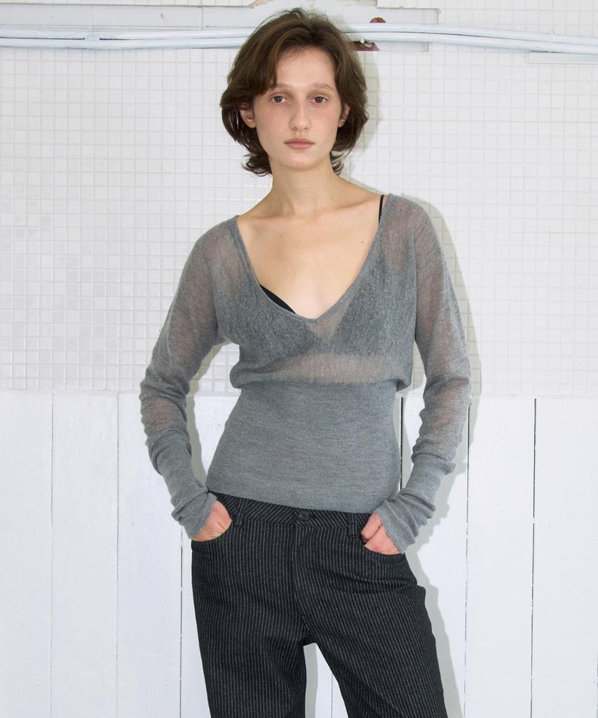 MILLO WOMEN Sheer Deep V-Neck Knit [Gray]