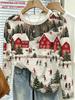 Top Invernale da Donna con Stampa Integrale Scena sulla Neve, con Capanna Rossa, Pini Coperti di Neve, Pattinatore Artistico