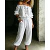 Womens Off Shoulder Long Sleeve Top Drawstring Waist Tapered Pants Two Piece Casual Outfit