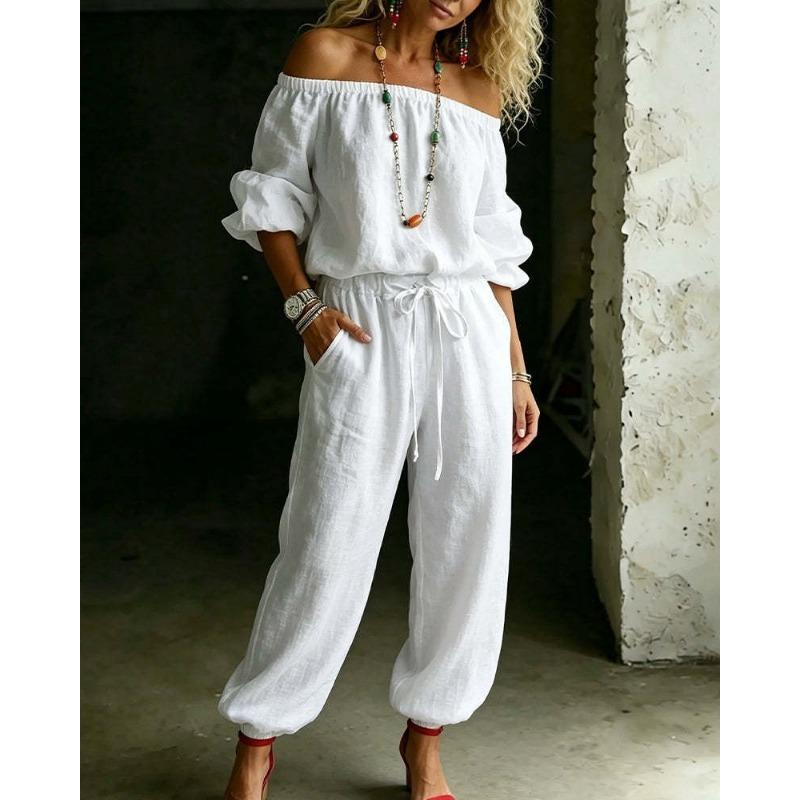 Womens Off Shoulder Long Sleeve Top Drawstring Waist Tapered Pants Two Piece Casual Outfit
