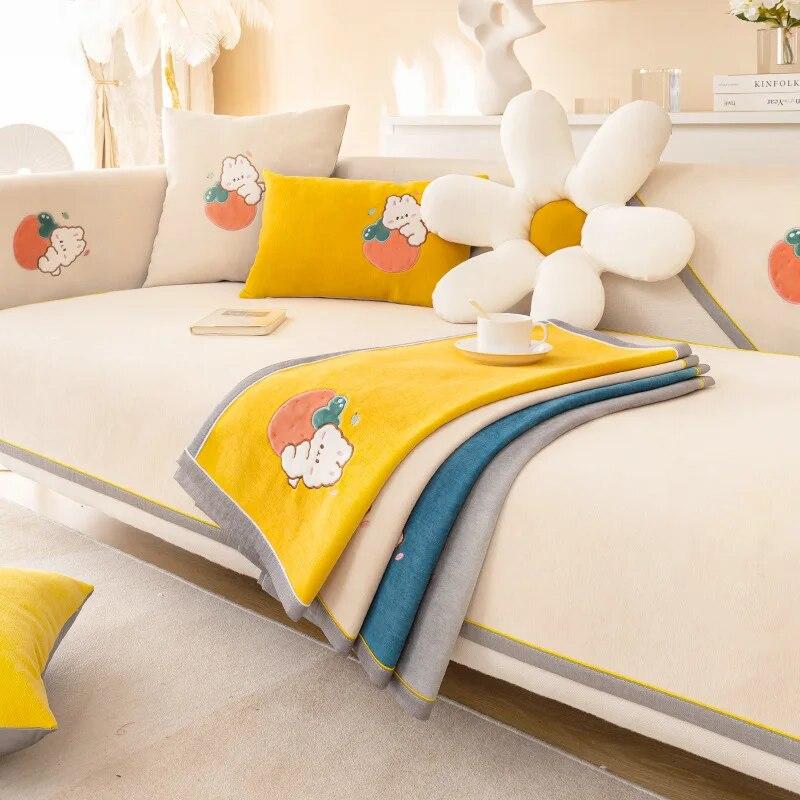 Cartoon Rabbit Sofa Cushion Non-Slip Thickening Sofa Cover Cushion Chenille Living Room Sofa Cover Universal Solid Color Mat