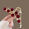 Red Flocked Rose Metal Hair Claw Clip for Women - Large Updo Accessory
