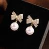 Red White Pearl Pendants Women's Dangle Earrings Crystal Bowknot Top Round Ball Drop Earrings Elegant Party Ear Zircon Brincos
