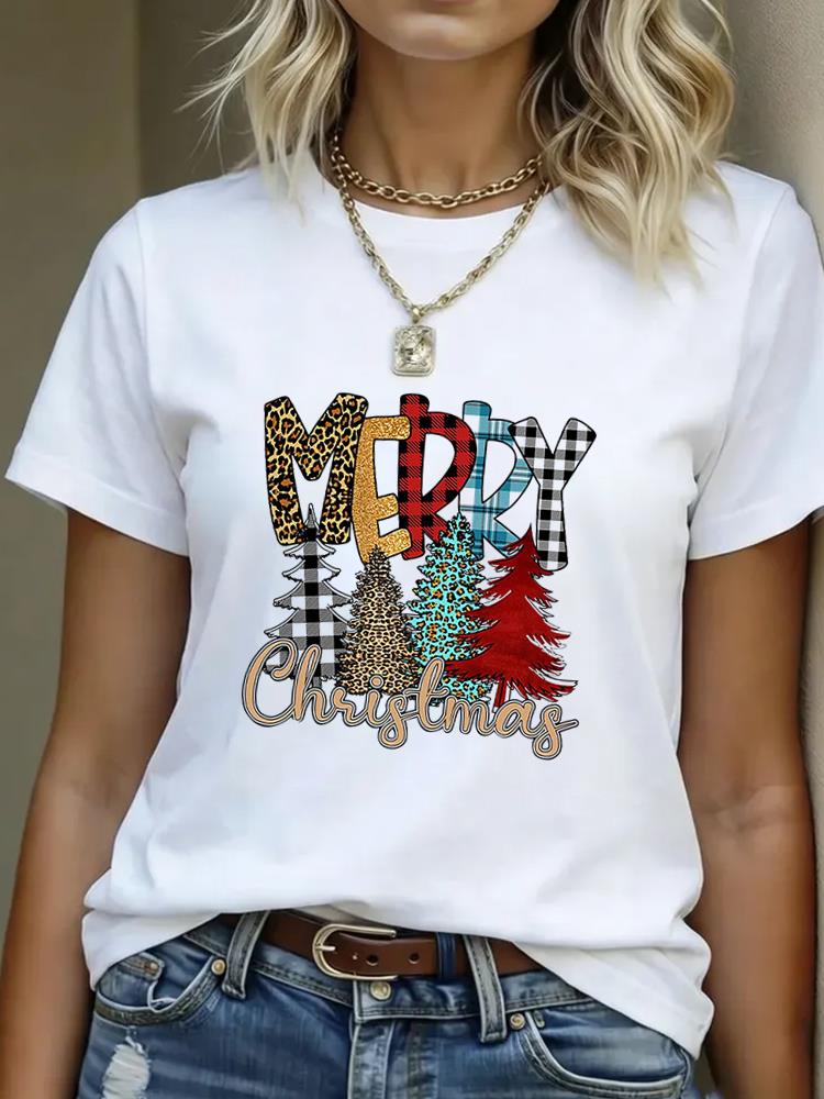 (Asian Size) T Shirt Print Casual New Year Short Sleeve T-shirts leopard Merry Christmas Fashion Women's Top O-neck Clothing Graphic Tee