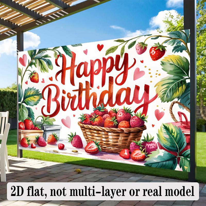 Happy Birthday Strawberry Theme, 1pc Polyester Party Backdrop Banner, Photo Booth Background, Wall Decor