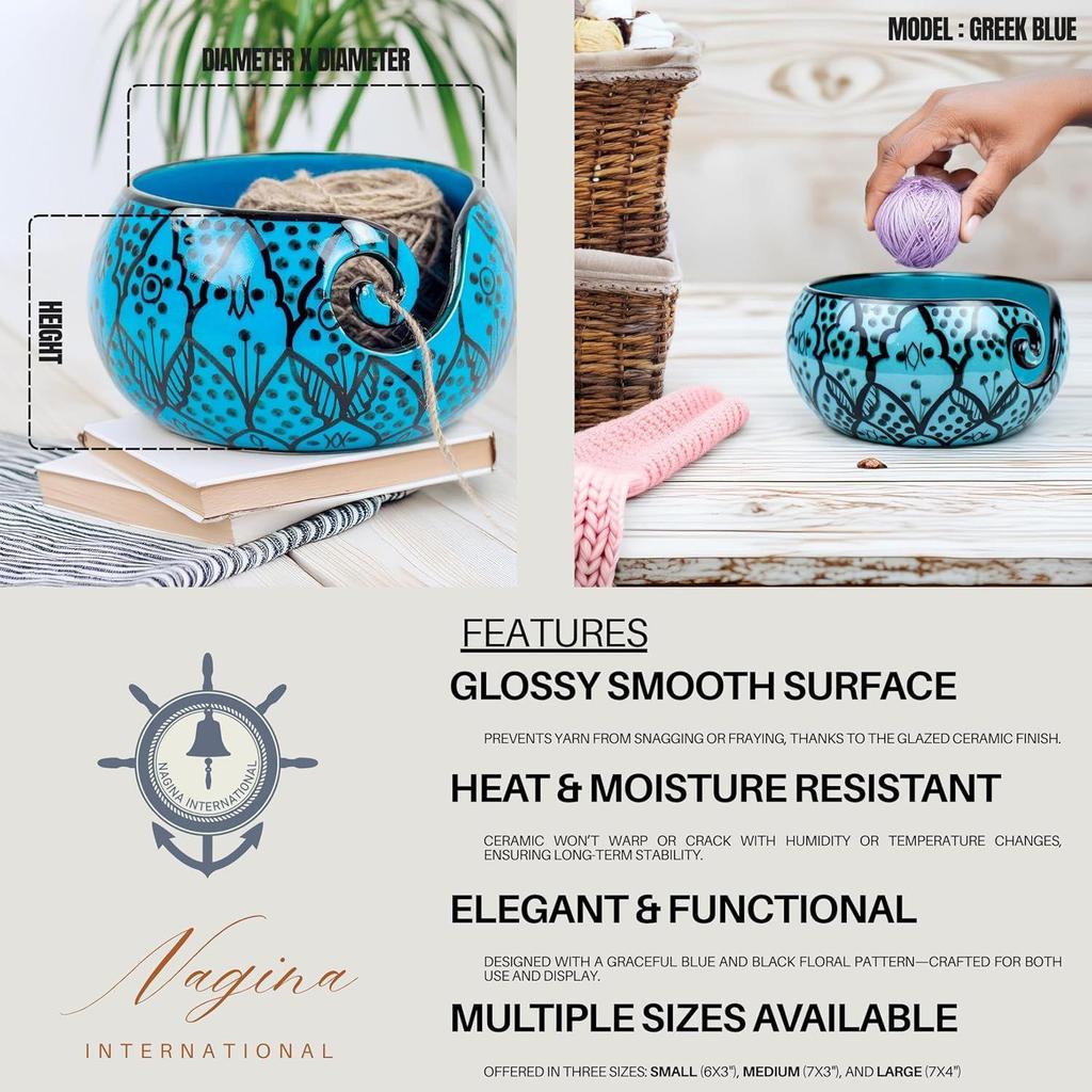 Ceramic Attractively Hand Painted Gorgeous Stoneware Yarn Ball Storage Bowl with Innovative Dispensing Curl  (Greek Blue, Medium)