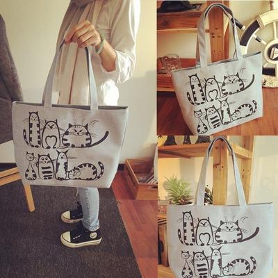 Cartoon Cats Printed Beach Zipper Bag Women Fashion Canvas Tote Shopping Handbags Sac KTY