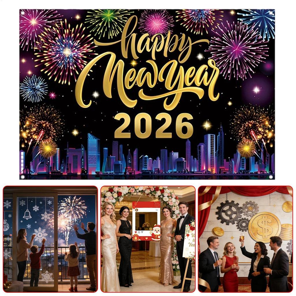 2026 Happy New Year Banner Large Fabric Backdrop Wall Decor Sign Vintage Party Supplies for Home School Photo Booth Background