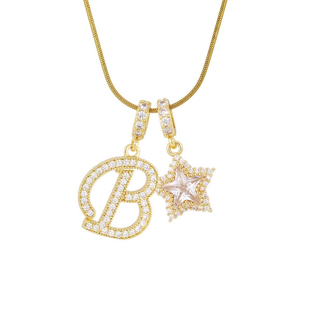 18K Gold Plated Copper Necklace with Zirconium Pentagram & Letter Pendant for Women