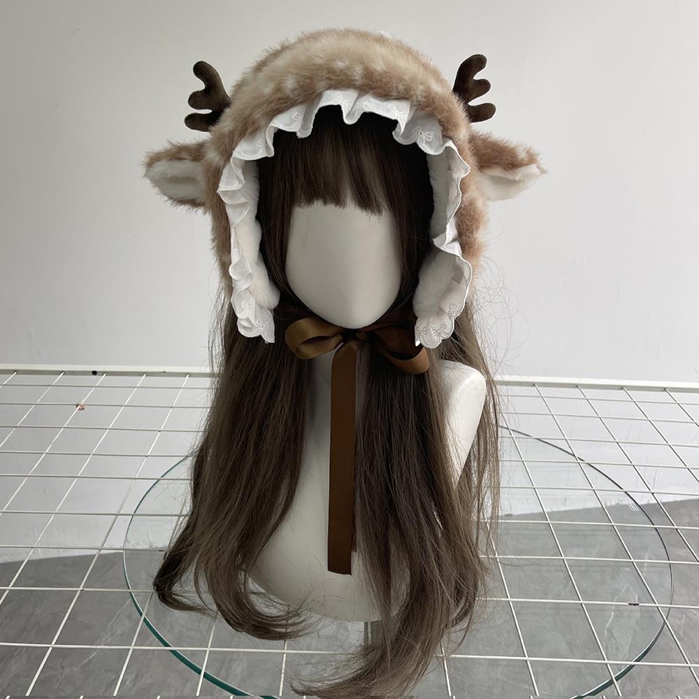 

Japanese Furry Bomber Hats Christmas Deer Plush Lace-up Pullover Hat Cute Antlers Warm Ear Protection Deer Hat Plush Headband