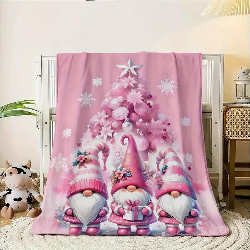 Pink Christmas Gnome Throw Blanket Xmas Tree Snowflake Pattern Cozy Warm Bed Couch Soft Blanket Cute Holiday Home Decor