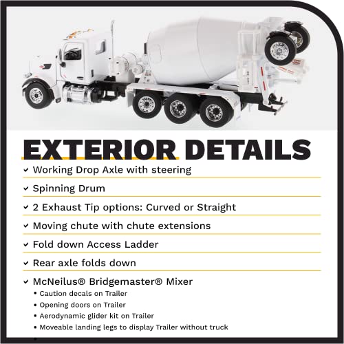 Diecast Masters 1:50 Scale Peterbilt Model 567 Concrete Mixer Truck | SFFA with Lift Axle & McNeilus Bridgemaster Mixer | Transport Series | Pearl Whi
