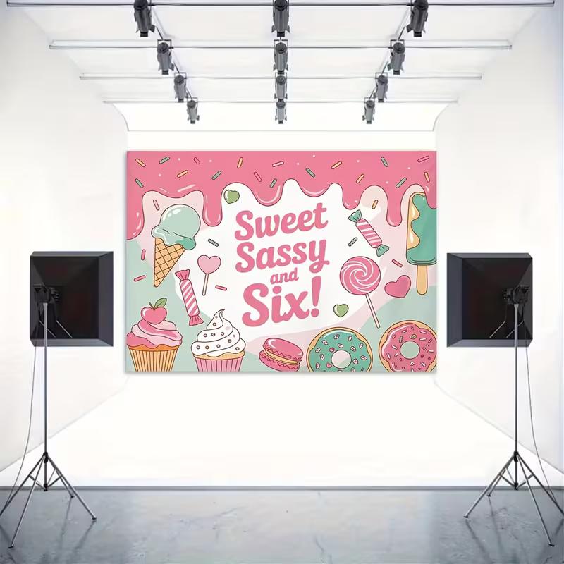 2D 6th Birthday Sweet Treat Background Cloth, Pink Ice Cream Party Backdrop