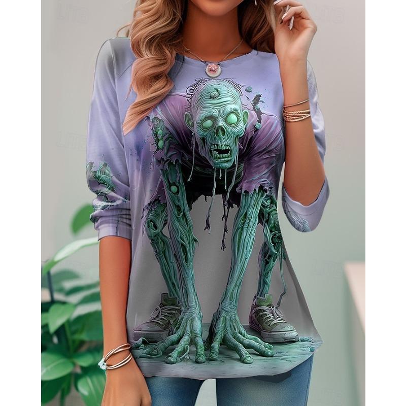 Damen T-Shirt,3D-Druck,O-Ausschnitt,Langarm,Lässig,Leichtes Oberteil,Halloween,Hip Hop,Große Größe,Mode