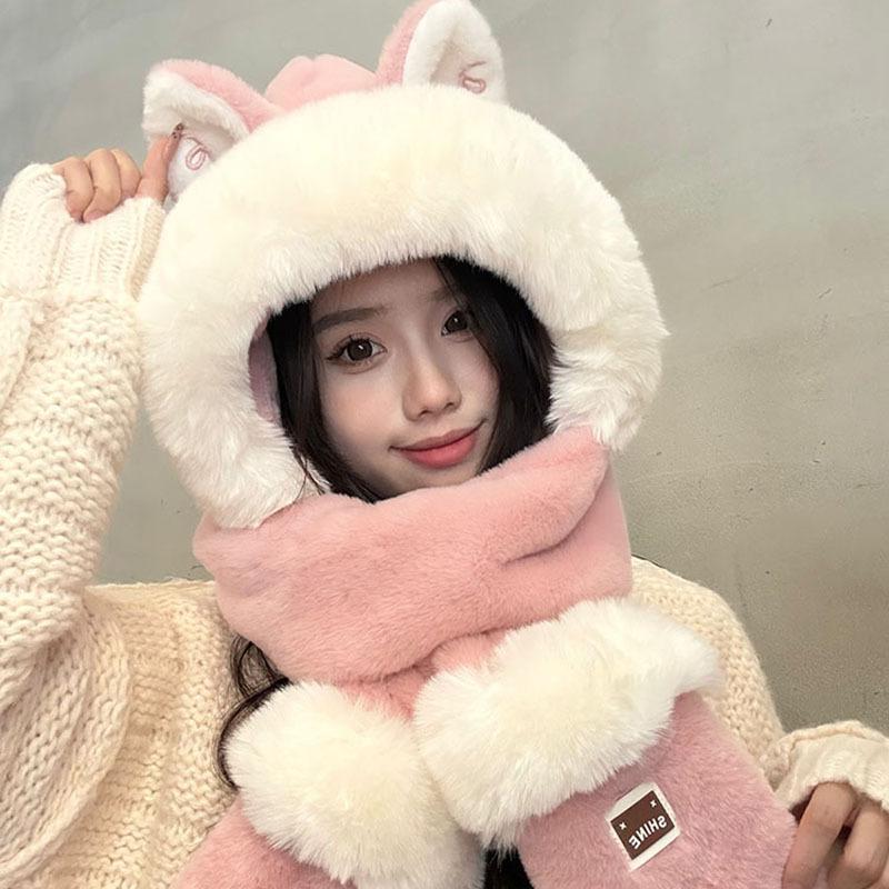 Cute plush hat with scarf integrated ear protection 2025 new three-piece set women's season warm and cold scarf