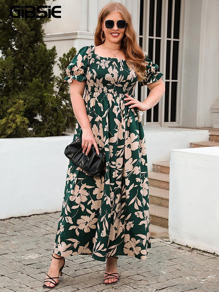 Casual Vintage Plus Size Square Neck Print Dress Women Aesthetic Chic Short  Sleeve Loose Dresses Female Elegant Off Shoulder Elastic Waist Clothing   buy the best products in the Ayzeze online store