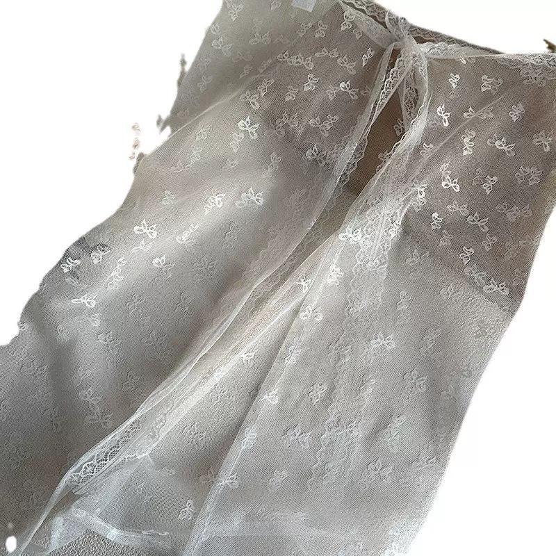 Korean Lace Embroidered Waistband Tulle Skirt with Layered Scarf Accessory