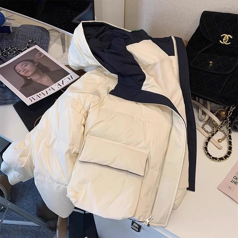 

Корейская белая хлопковая куртка с капюшоном для женщин - Зима 2024, Оверсайз с большими карманами M (95-110 jin)