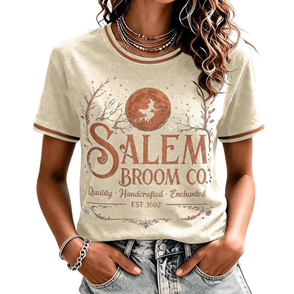 Women's Halloween Printed Neck Short Sleeve T-Shirt with Shoulder Fit