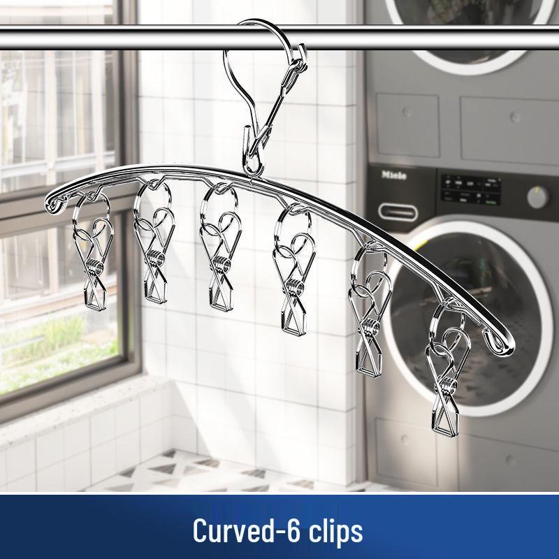 Stainless Steel Multifunctional Windproof Sock and Clothes Hanger with Clips for Home and Dorm Use.