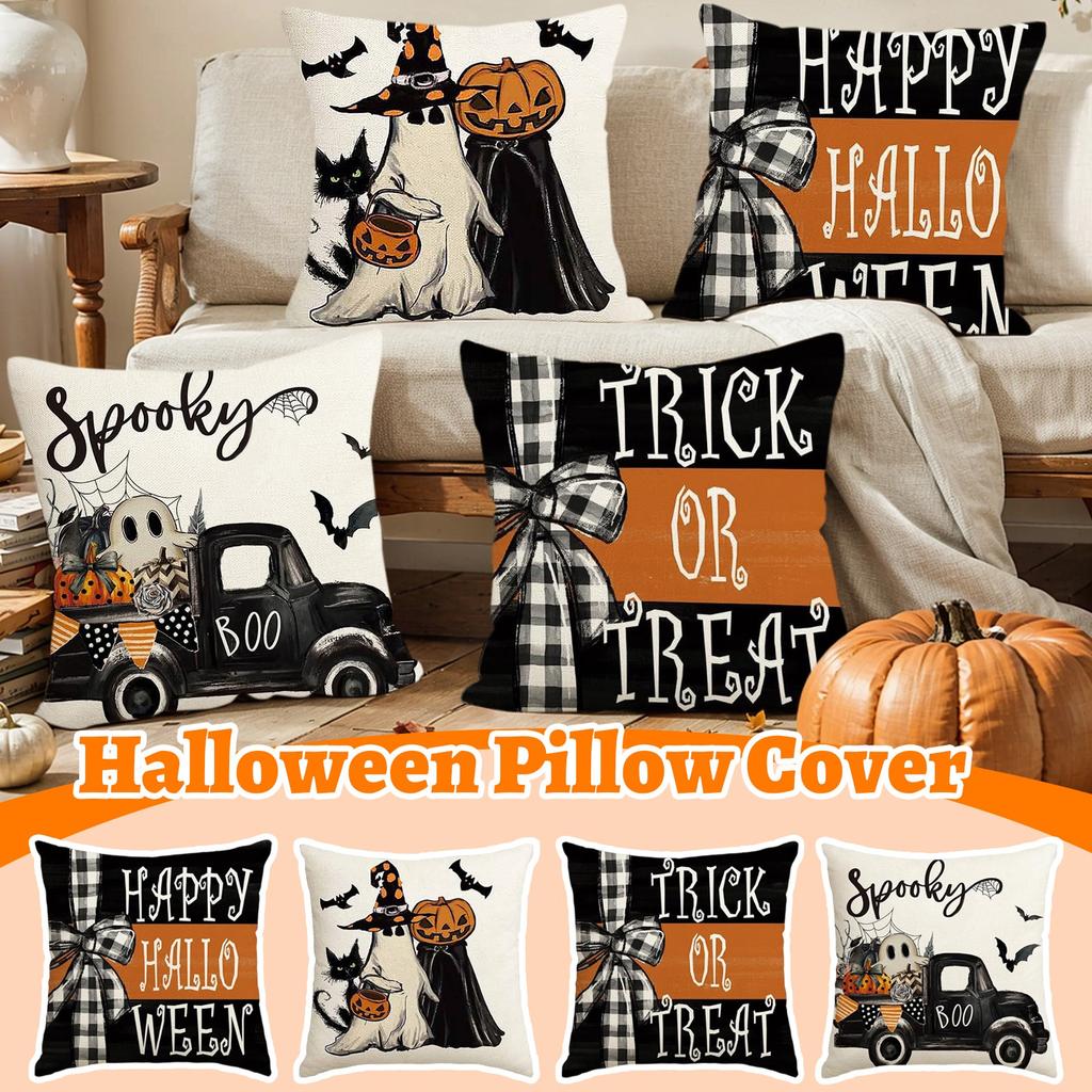 Halloween Decorative Linen Throw Pillow Cover With Single Sided Print (Pillow Insert Not Included)